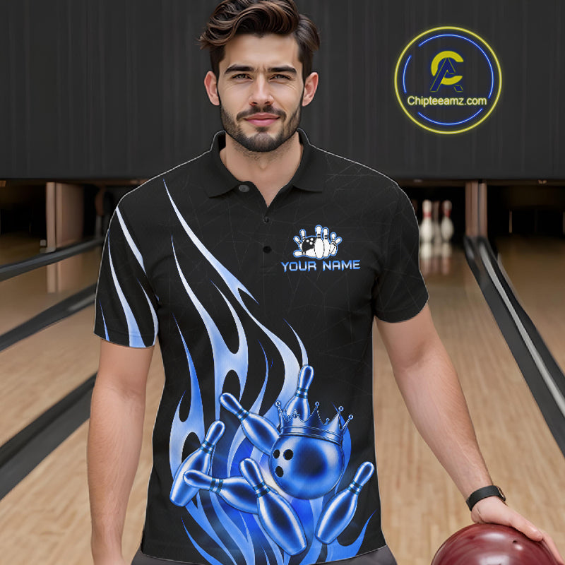 Man wearing a black and blue bowling ball crown bowling polo shirt front view, custom bowling league jersey for men.