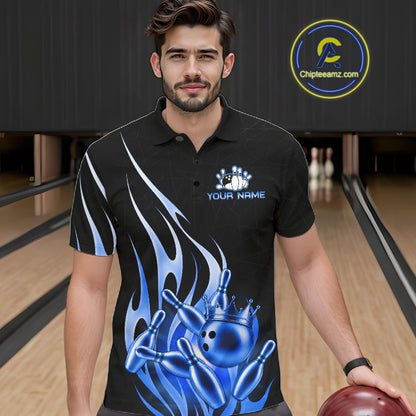 Man wearing a black and blue bowling ball crown bowling polo shirt front view, custom bowling league jersey for men.