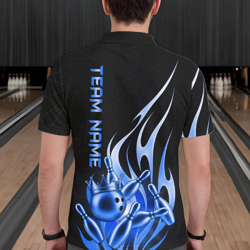Back view of man wearing a black and blue bowling ball crown bowling polo shirt, custom bowling team jersey design.