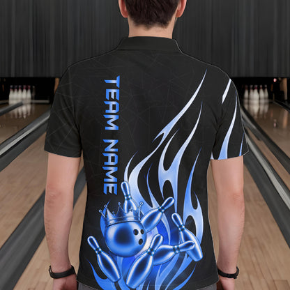 Back view of man wearing a black and blue bowling ball crown bowling polo shirt, custom bowling team jersey design.