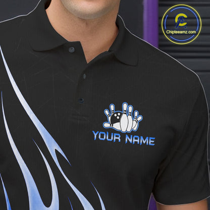 Close up of collar, chest and button details on a black and blue bowling ball crown men's bowling polo shirt.