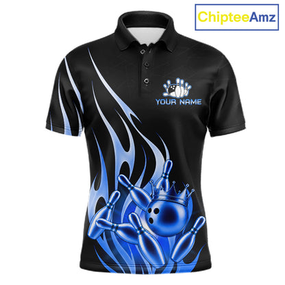 Black and blue bowling ball crown custom bowling polo shirt for men, flame bowling team jersey for tournaments.
