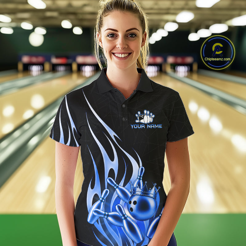 Woman wearing a black and blue bowling ball crown bowling polo shirt front view.