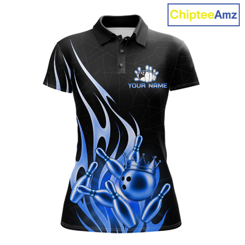 Black and blue bowling ball crown custom bowling polo shirt for women.