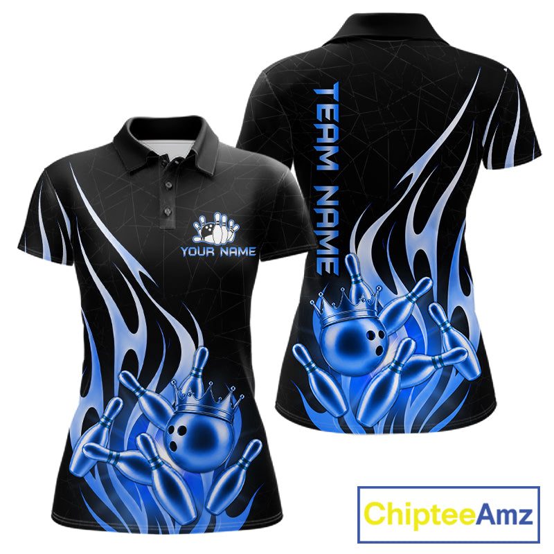 Black and blue bowling ball crown quarter zip bowling shirt for women.
