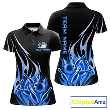Load image into Gallery viewer, Black and blue bowling ball crown quarter zip bowling shirt for women.