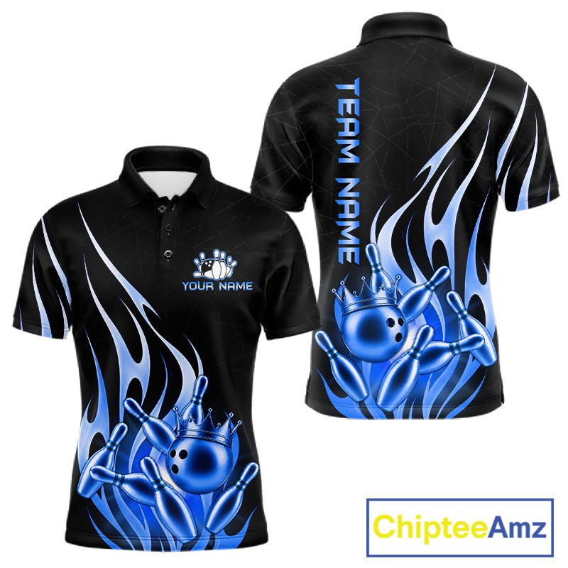 Black and blue bowling ball crown bowling team polo shirt for men with flame bowling graphics.