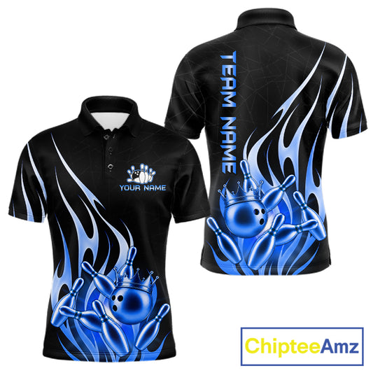Black and blue bowling ball crown bowling team polo shirt for men with flame bowling graphics.