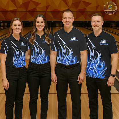 Bowling team wearing matching black and blue bowling ball crown custom bowling jerseys front view.