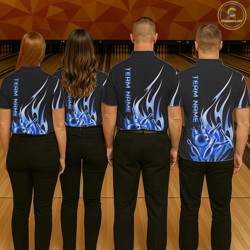 Back view of bowling team wearing matching black and blue bowling ball crown bowling league jerseys.