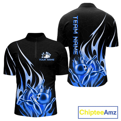 Black and blue bowling ball crown quarter zip bowling shirt for men, custom bowling team jersey and tournament apparel.