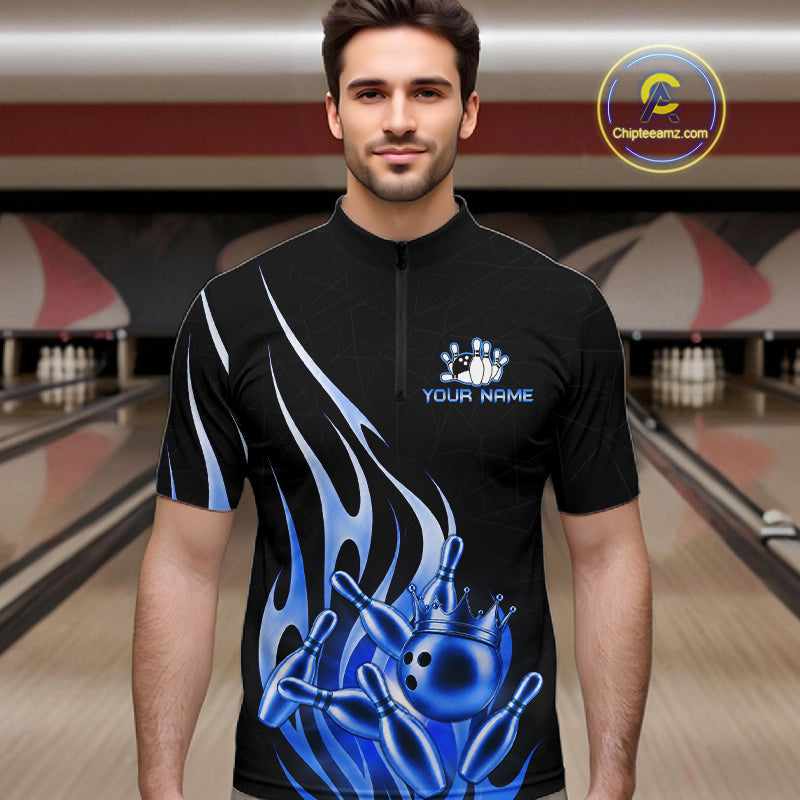 Man wearing a black and blue bowling ball crown quarter zip bowling shirt front view, personalized bowling team apparel.