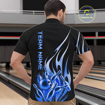 Back view of man wearing a black and blue bowling ball crown quarter zip bowling shirt, bowling league team uniform.