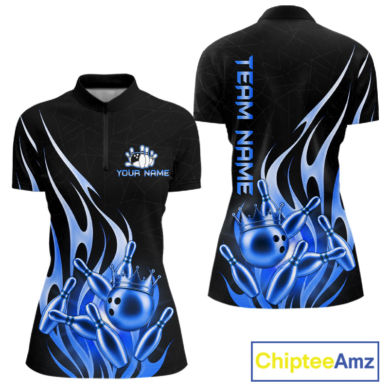 Black and blue bowling ball crown bowling team polo shirt for women with flame bowling graphics.