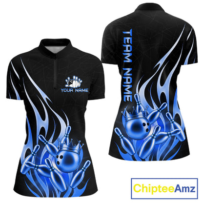 Black and blue bowling ball crown bowling team polo shirt for women with flame bowling graphics.