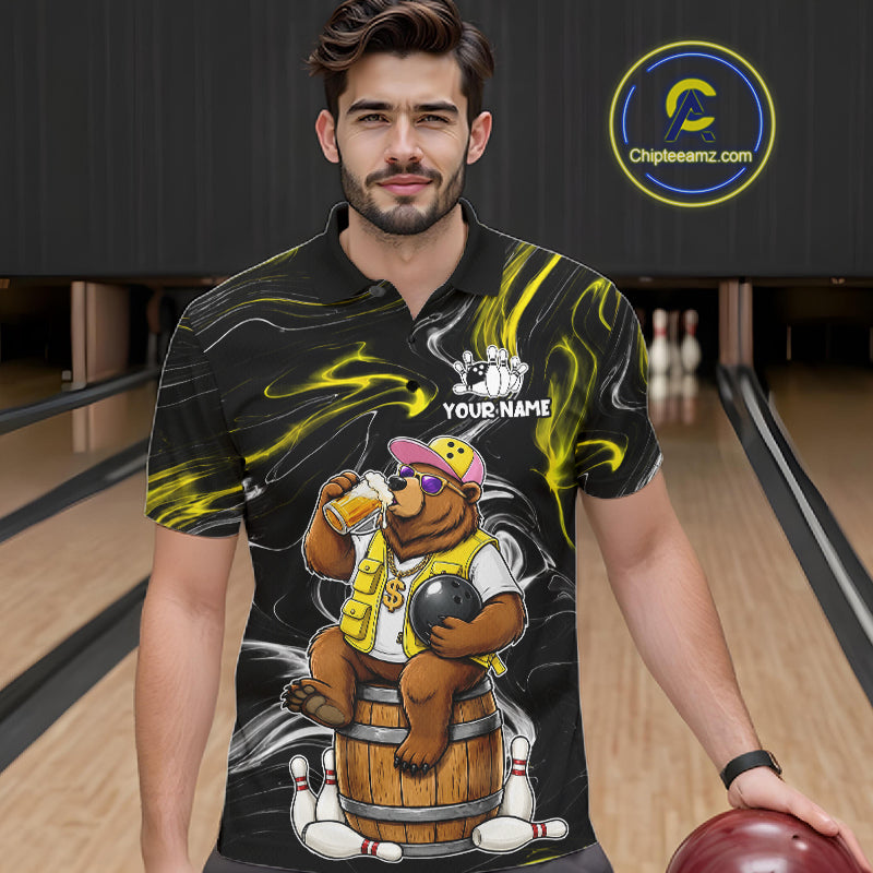 Man wearing a funny beer bear bowling polo shirt front view, custom bowling league jersey for men.