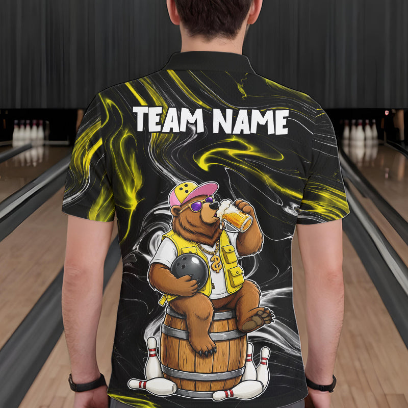 Back view of man wearing a funny beer bear bowling polo shirt, custom bowling team jersey design.