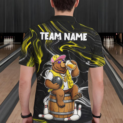 Back view of man wearing a funny beer bear bowling polo shirt, custom bowling team jersey design.
