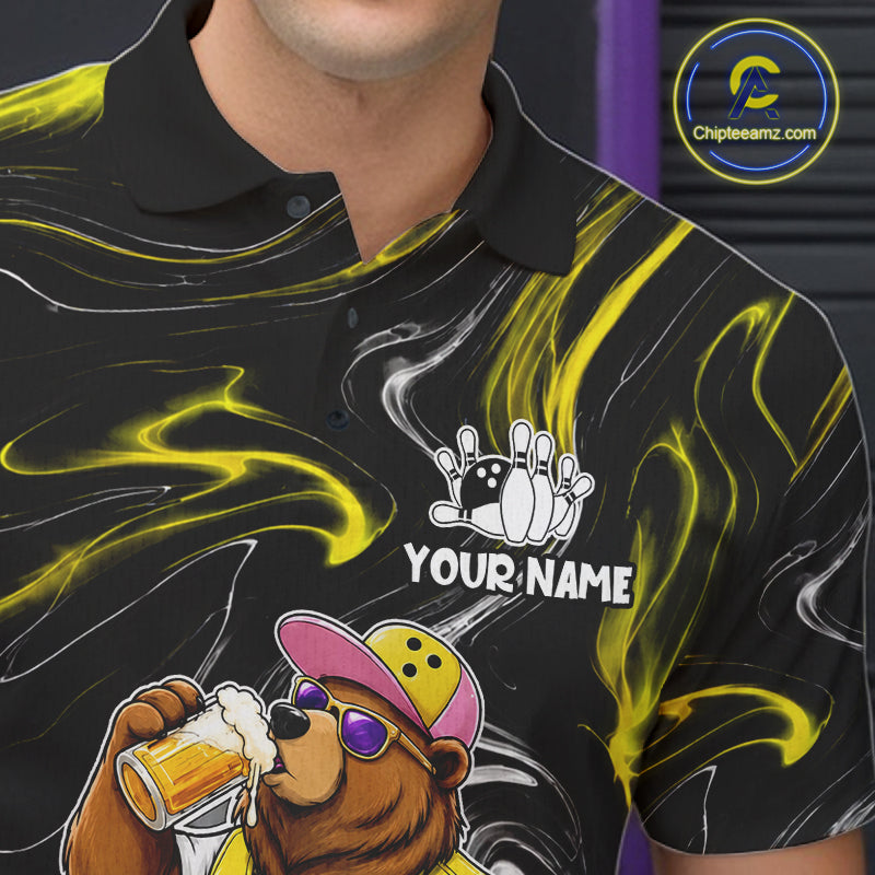 Close up of collar, chest and button details on a funny beer bear men's bowling polo shirt.