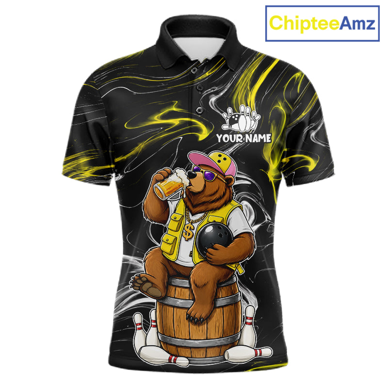 Funny beer bear custom bowling polo shirt for men, personalized bowling league team jersey for tournaments.