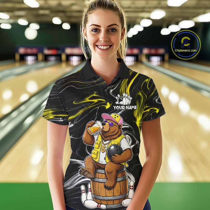 Woman wearing a funny beer bear bowling polo shirt front view.