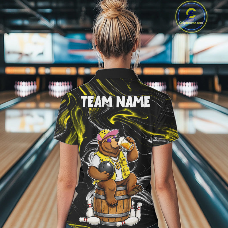Back view of woman wearing a funny beer bear bowling polo shirt.