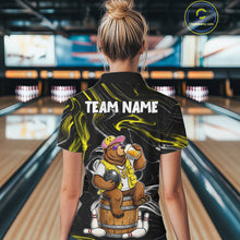 Load image into Gallery viewer, Back view of woman wearing a funny beer bear bowling polo shirt.