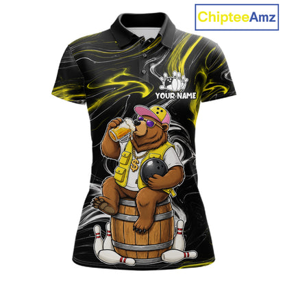 Funny beer bear custom bowling polo shirt for women, personalized bowling league team jersey.
