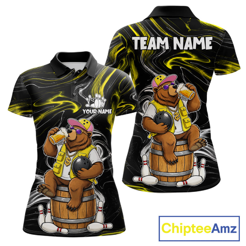 Funny beer bear bowling team polo shirt for women with humorous bowling graphics.
