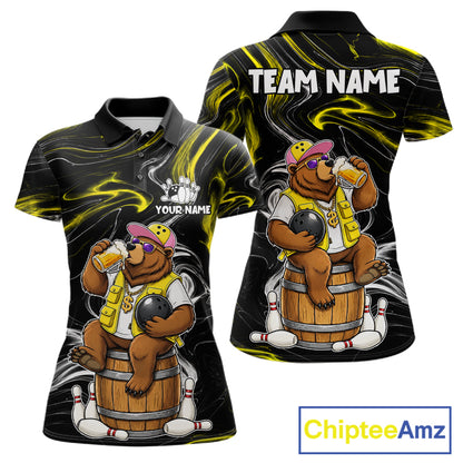Funny beer bear bowling team polo shirt for women with humorous bowling graphics.