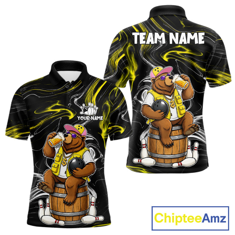 Funny beer bear bowling team polo shirt for men with humorous bowling graphics.