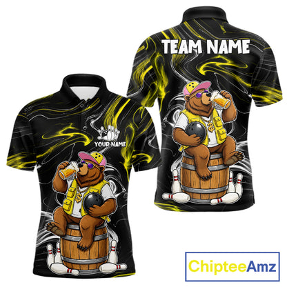 Funny beer bear bowling team polo shirt for men with humorous bowling graphics.