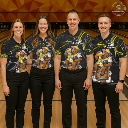 Bowling team wearing matching funny beer bear custom bowling jerseys front view.