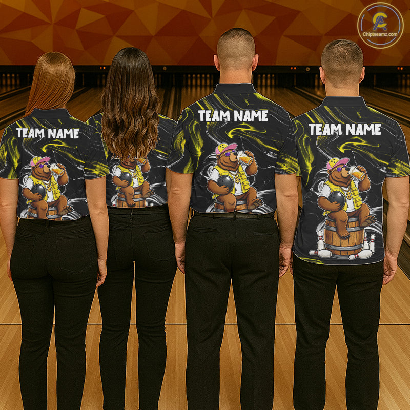Back view of bowling team wearing matching funny beer bear bowling league jerseys.