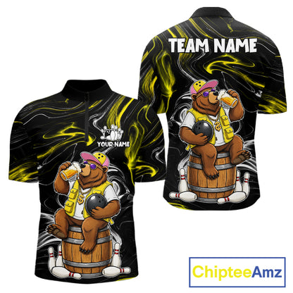 Funny beer bear quarter zip bowling shirt for men, custom bowling team jersey and tournament apparel.