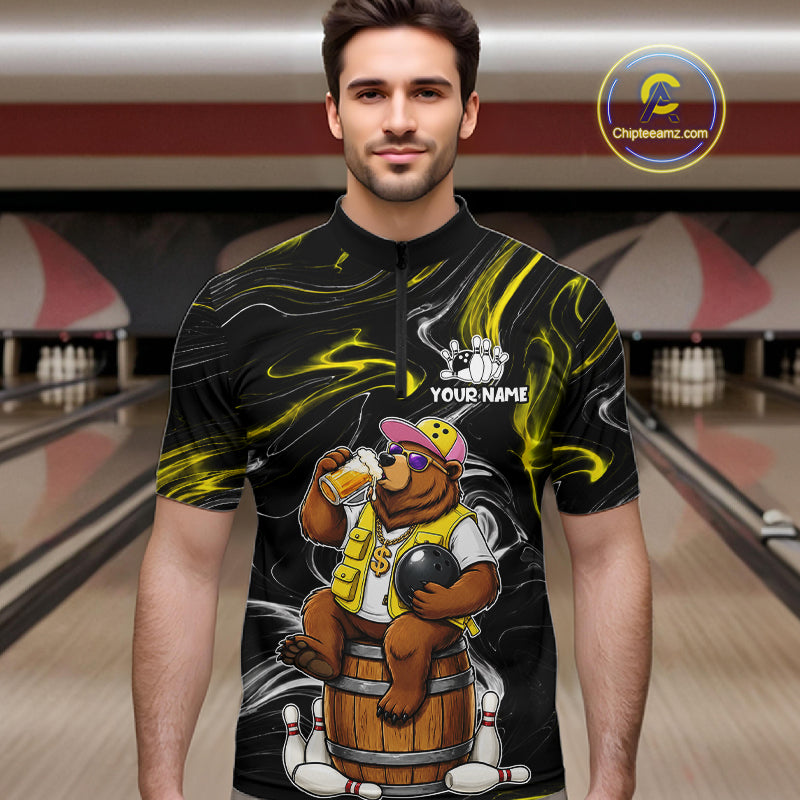 Man wearing a funny beer bear quarter zip bowling shirt front view, personalized bowling team apparel.