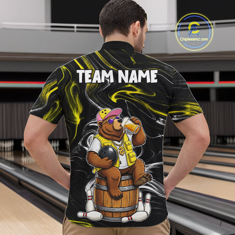 Back view of man wearing a funny beer bear quarter zip bowling shirt, bowling league team uniform.