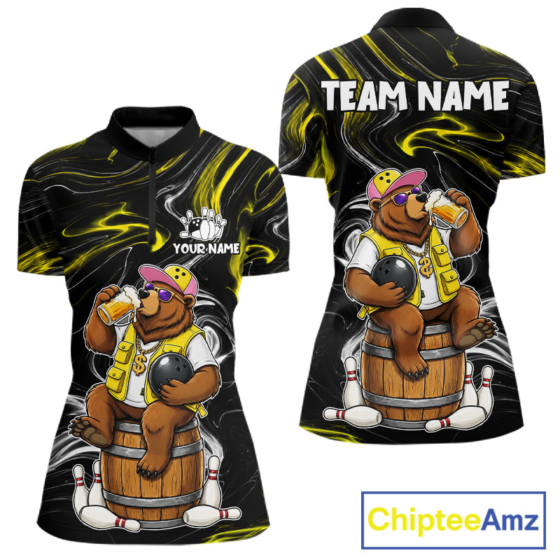 Funny beer bear quarter zip bowling shirt for women.