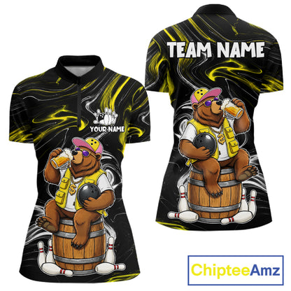 Funny beer bear quarter zip bowling shirt for women.
