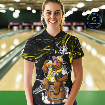 Woman wearing a funny beer bear quarter zip bowling shirt front view.
