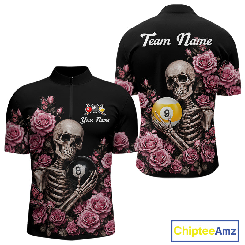 Custom Pink 8 Ball 9 Ball Roses Skeleton Gothic Quarter Zip Billiard Shirt Created for Pool League Teams with Performance Fabric and Tournament Ready Design