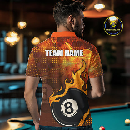 Orange Flaming 8 Ball Pool Billiard Shirt For Men Custom Fire Billiard Jersey Team Polo & 1/4 Zip TDM5316