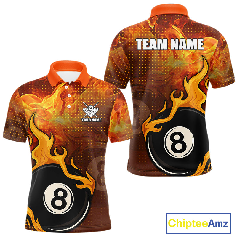 Orange Flaming 8 Ball Pool Billiard Shirt For Men Custom Fire Billiard Jersey Team Polo & 1/4 Zip TDM5316