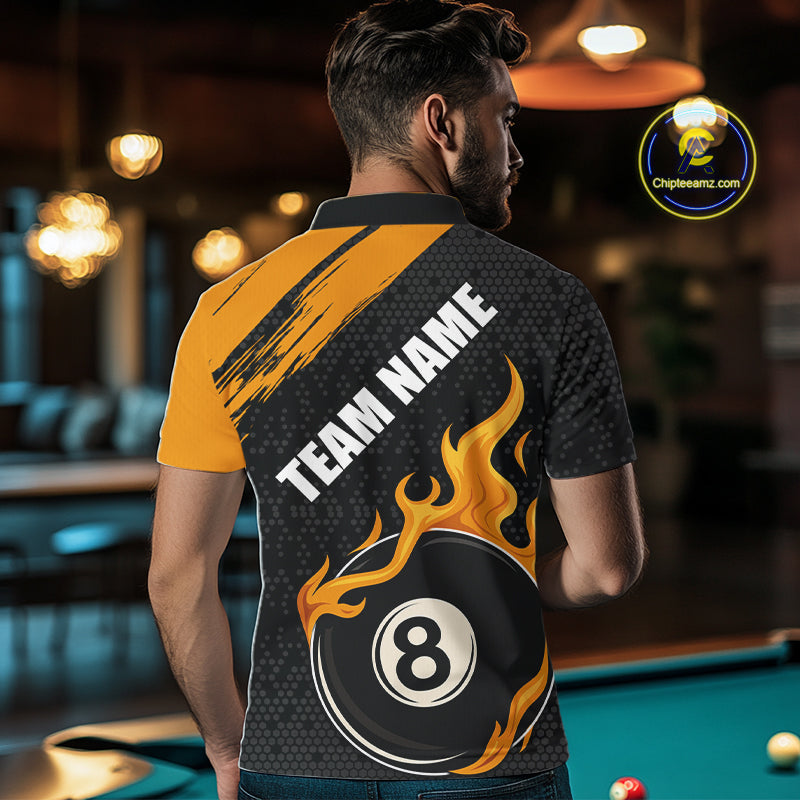 Black And Orange Flaming 8 Ball Billiard Shirt For Men Custom Pool Team Jersey Polo & 1/4 Zip TDM5317