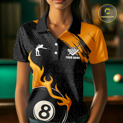 Black And Orange Flaming 8 Ball Billiard Shirt For Women Custom Pool Team Jersey Polo & 1/4 Zip TDM5317