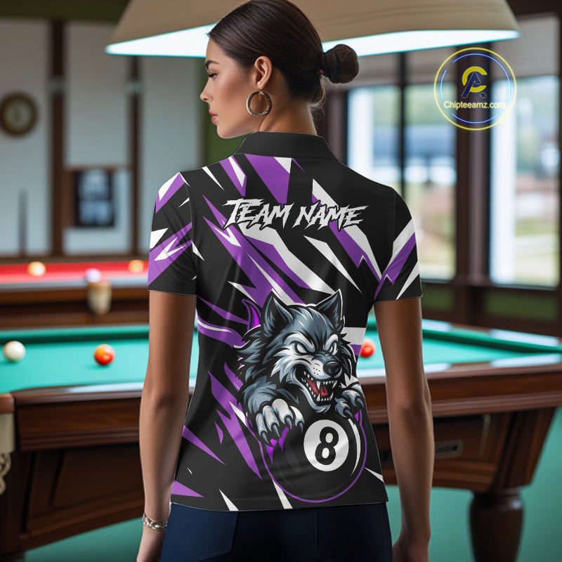 Black And Purple 8 Ball Wolf Billiard Shirt For Women Custom Billiard Jersey, Pool Team Shirt TDM5318