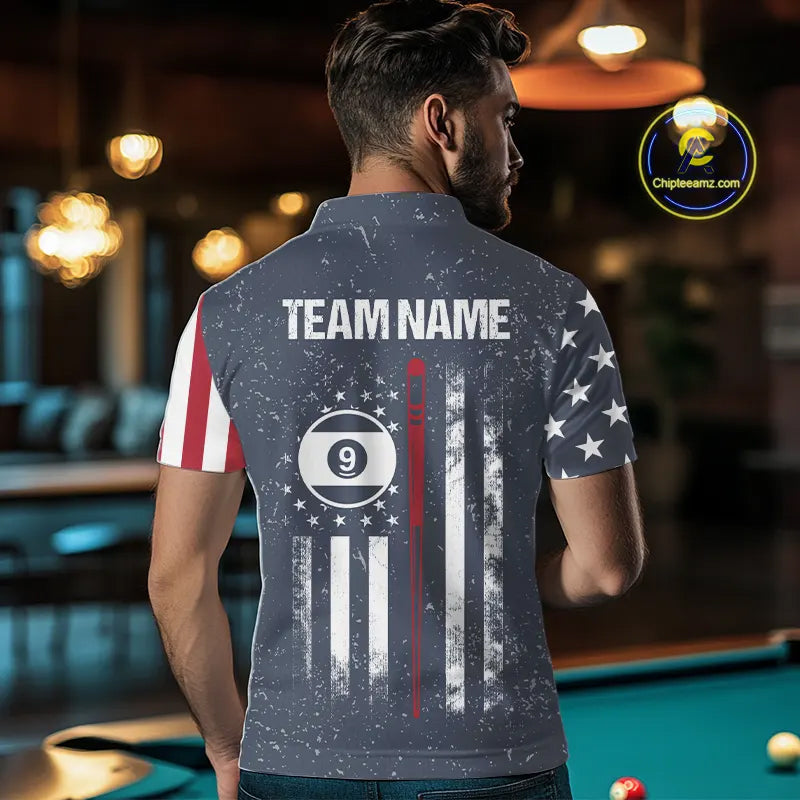 Grunge Navy American Flag 9 Ball Billiard Shirt For Men Custom Patriotic Billiard Shirt Pool Jersey TDM5578