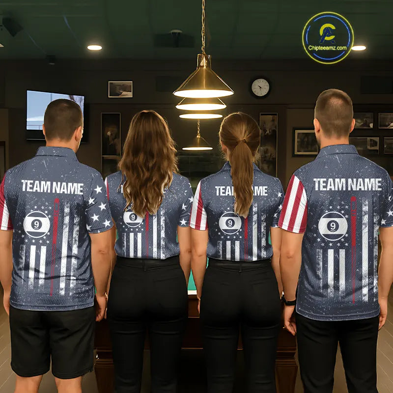 Grunge Navy American Flag 9 Ball Billiard Shirt For Men Custom Patriotic Billiard Shirt Pool Jersey TDM5578