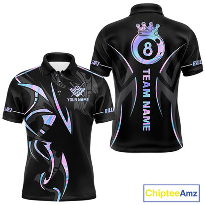 Custom Holographic 8 Ball Crown Billiard Shirts For Men, Pool Team Jersey Polo & 1/4 Zip |Black TDM6191