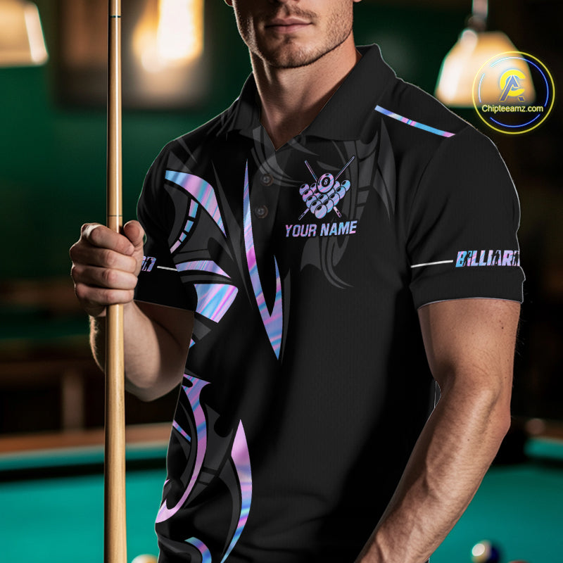 Custom Holographic 8 Ball Crown Billiard Shirts For Men, Pool Team Jersey Polo & 1/4 Zip |Black TDM6191